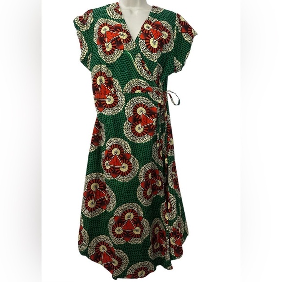Lapogee Women’s Size 2X Green African Print Wrap Dress 100% Cotton - Picture 1 of 11